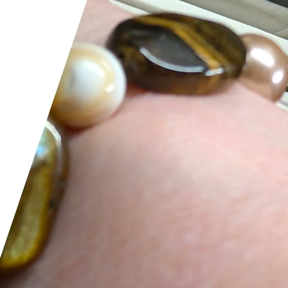 Vintage Tiger Eye Mother of Pearl‎ Stretch Bracelet Brown Earthy Beaded Beads
